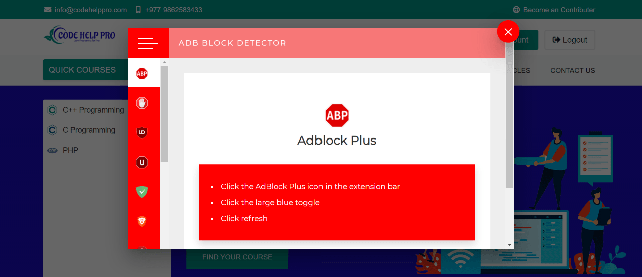 Instruction to Disable Adblock | Codehelppro